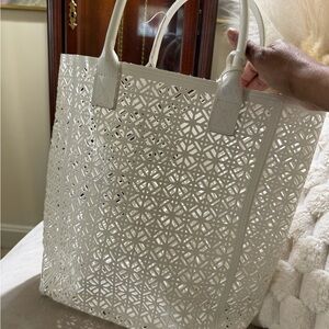 Authentic Tory Burch White Laser-Cut Tote Bag - Fashionable Everyday Carry.